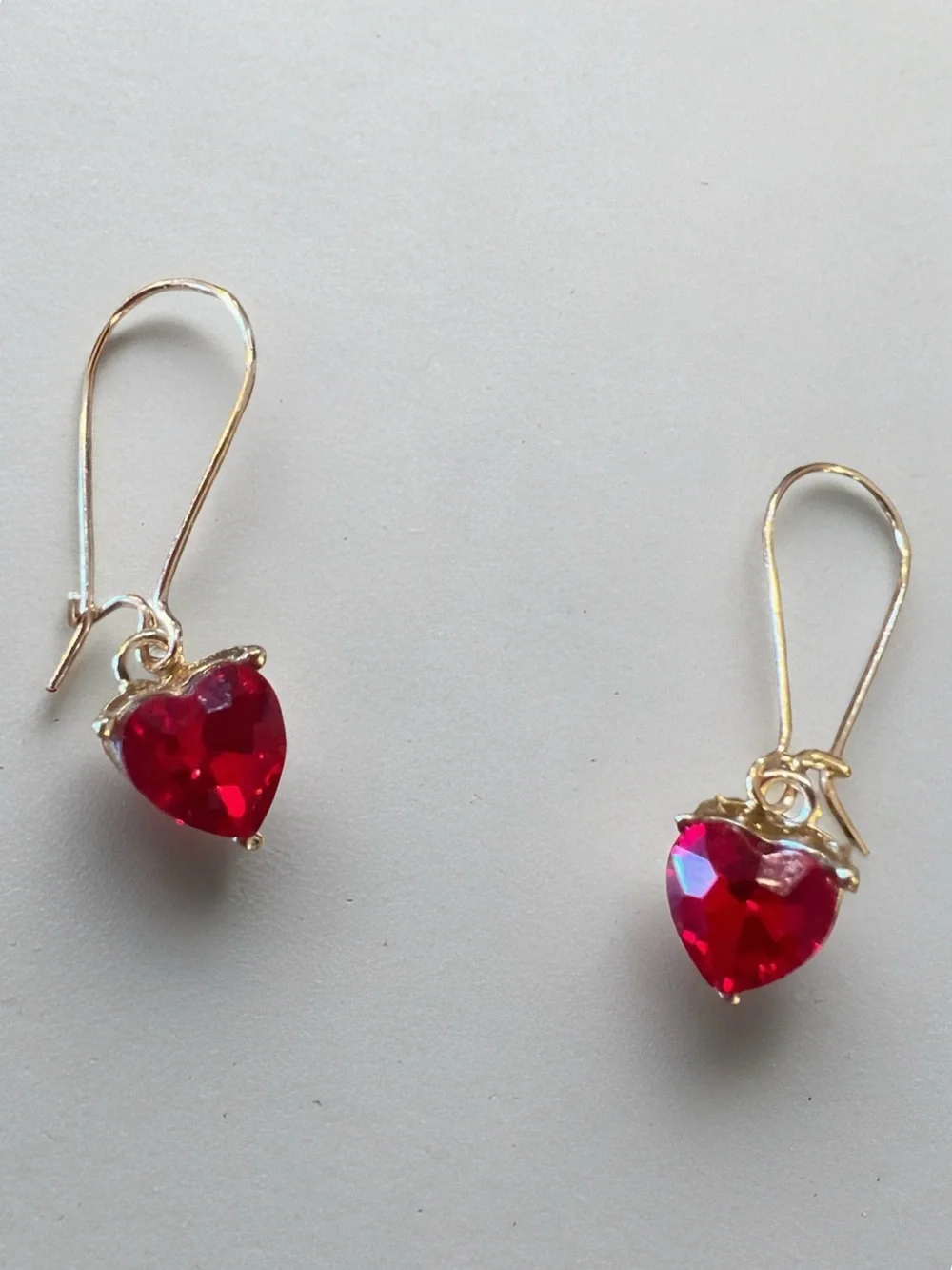 Gold Hook Earrings with Glass Faceted Red Hearts